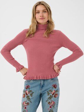 CREAM Ruffled trim ribbed turtleneck sweater